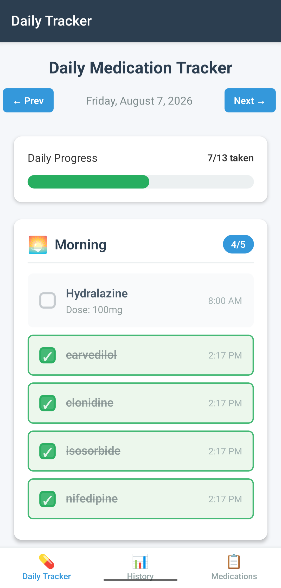 Daily medication log screen